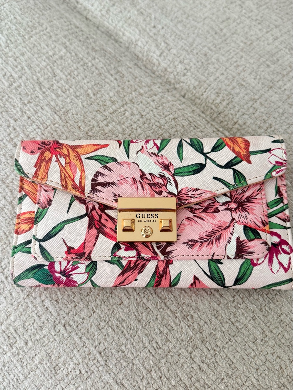 GUESS Floral Envelope Wallet in Pink, Green & Gold